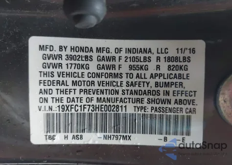 2017 Honda Civic Ex-L from USA, damaged, VIN 19XFC1F73HE002811